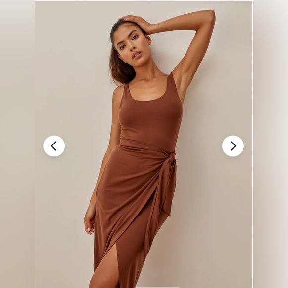 Reformation Dresses & Skirts - REFORMATION Brown Chestnut Kaila Wrap Skirt Tank Knit Bodycon Dress size XL